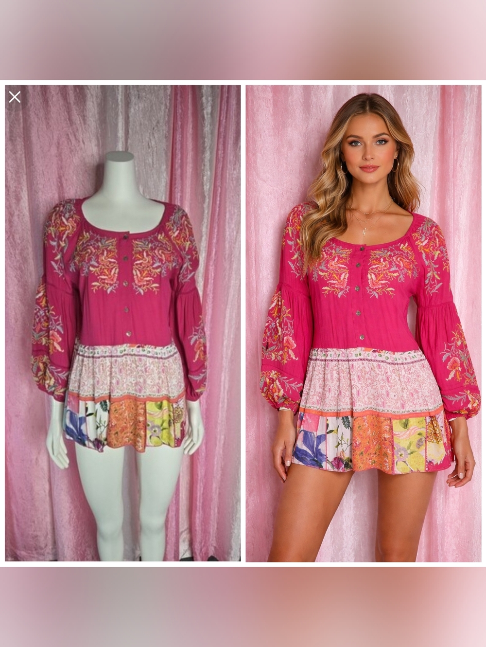 John Mark Pink Boho Hippie Embroidered Floral Tunic Blouse Size Medium